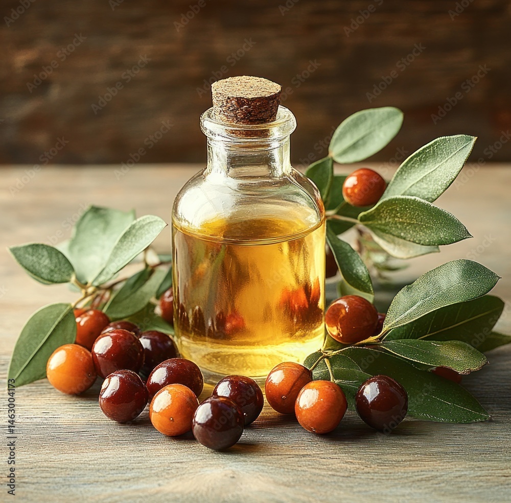 Small glass bottle filled with golden liquid, surrounded by dark red and orange berries and green leaves on a wooden surface