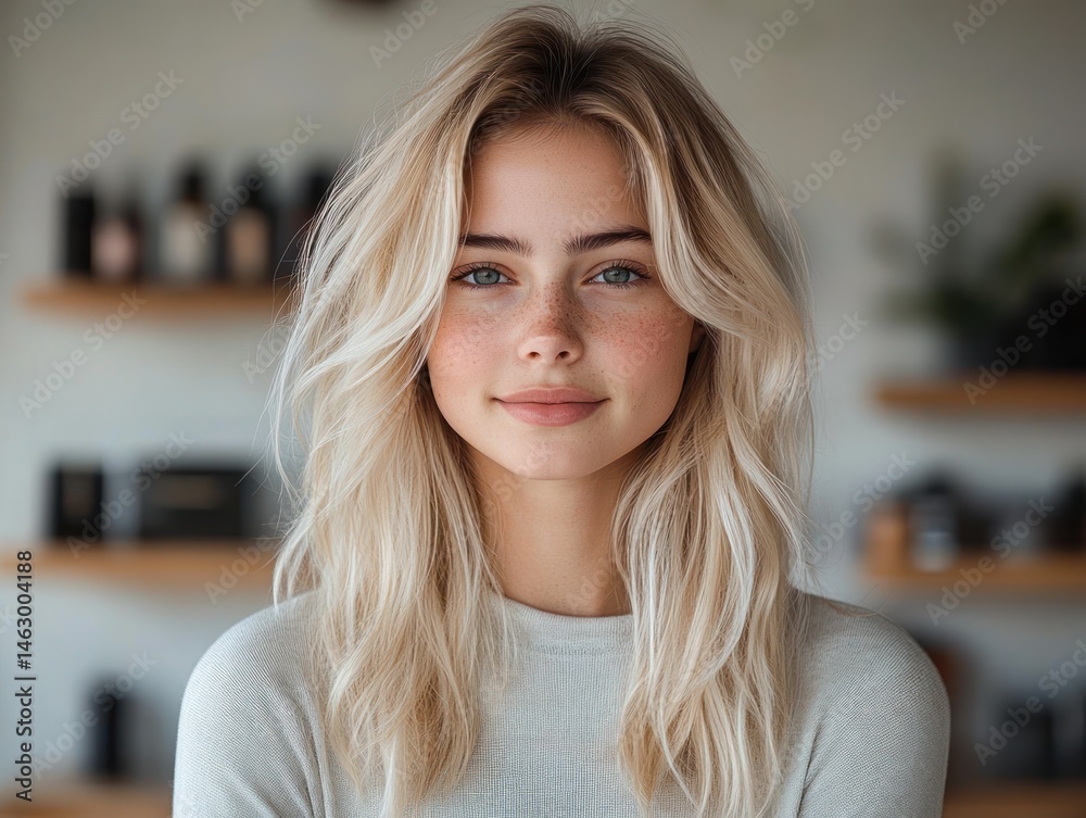 Portrait of a young woman with long blonde hair smiling gently, natural makeup with freckles, wearing a light grey sweater, blurred indoor background with shelves