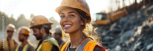 Obraz na płótnie Smiling female construction worker wearing safety helmet and vest on an outdoor construction site with blurred male colleagues working in the background under bright sunlight w salonie