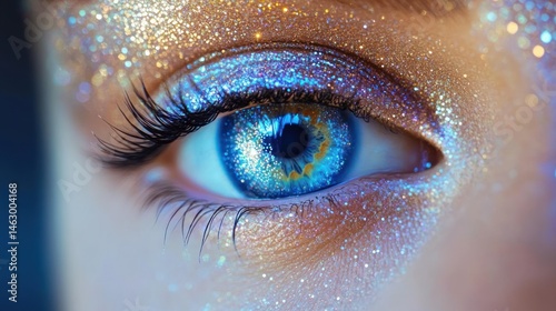 Obraz na płótnie Close-up of a human eye with blue iris and decorative sparkling glitter makeup around the eye area creating a shimmering effect w salonie