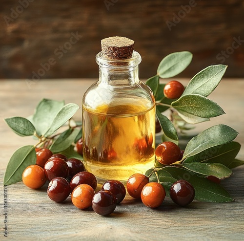 Obraz na płótnie Small glass bottle filled with golden liquid, surrounded by dark red and orange berries and green leaves on a wooden surface w salonie