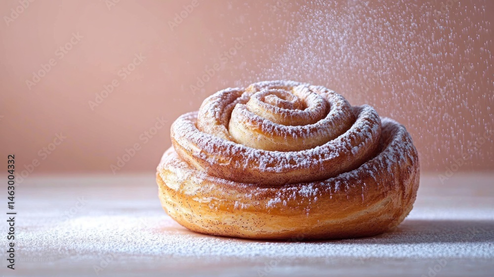 Close-up of a cinnamon roll being dusted with powdered sugar on a wooden surface with a soft pink background