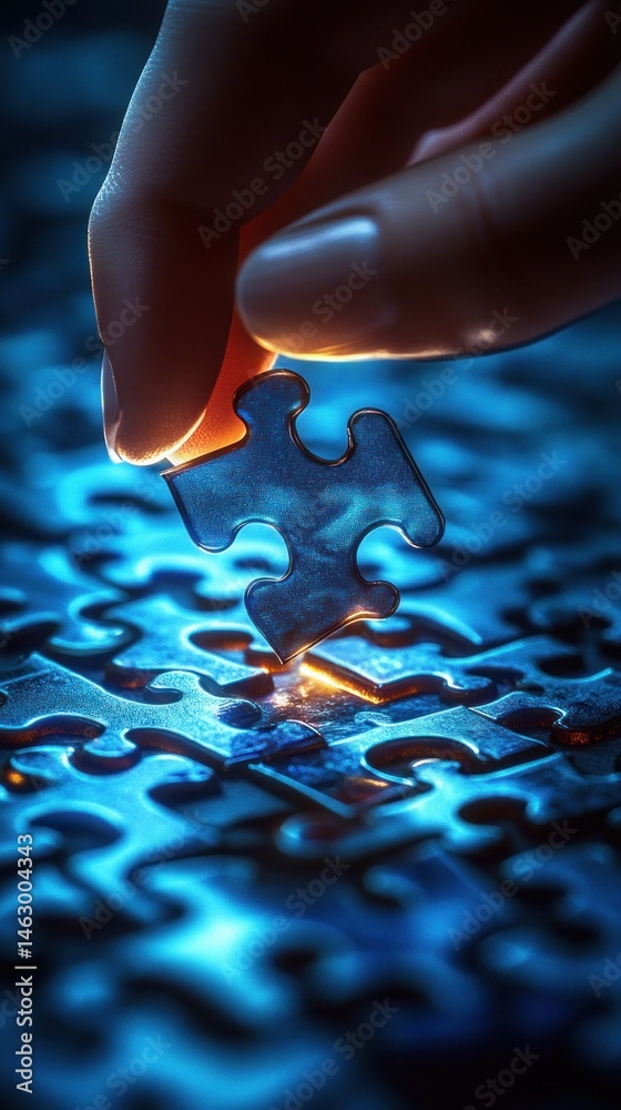 Close-up of a hand placing the final puzzle piece into a glowing blue jigsaw puzzle, symbolizing completion and focus
