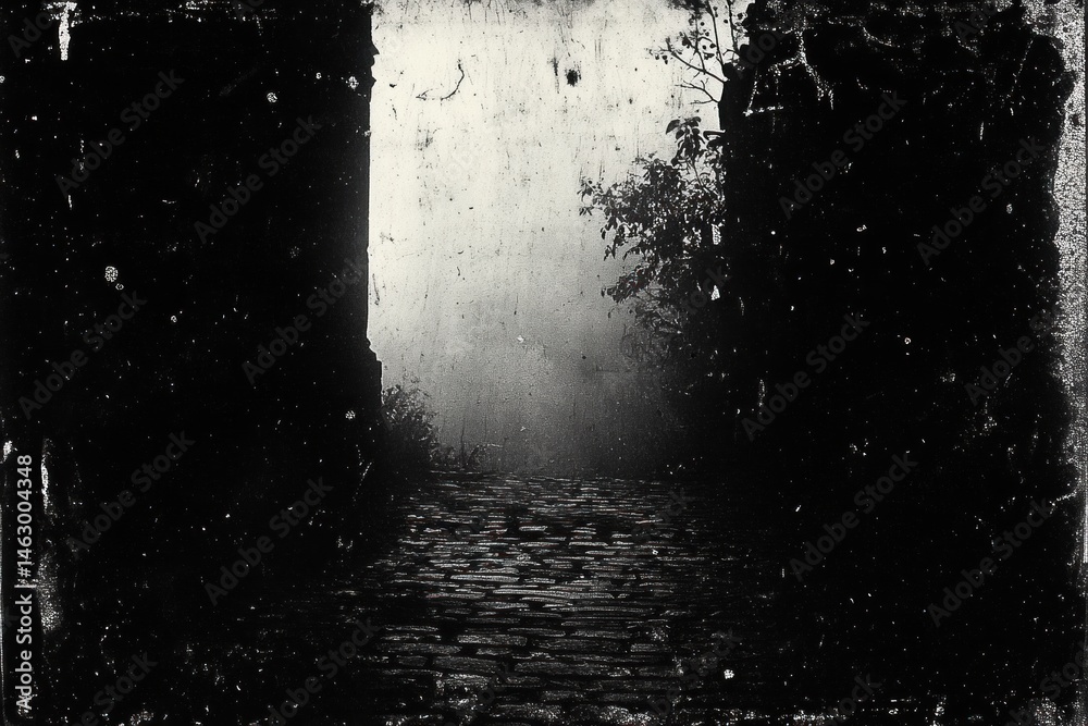 dark, narrow cobblestone pathway framed by tall walls and faint foliage leading to a bright, misty background evoking mystery and solitude