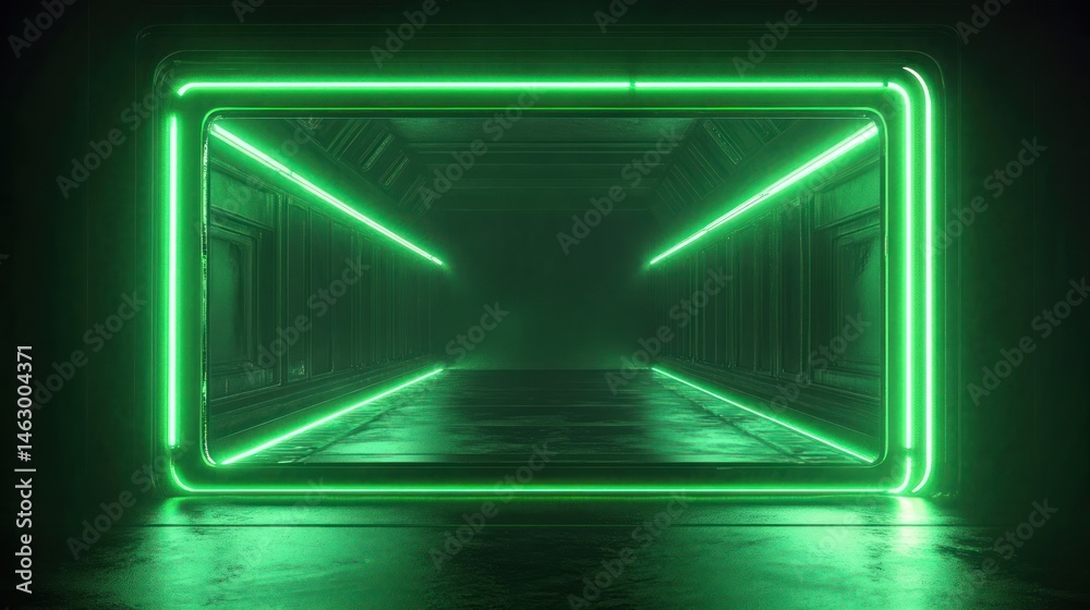 Futuristic dark corridor illuminated by glowing green neon rectangular frames and lines, creating a mysterious and sci-fi atmosphere