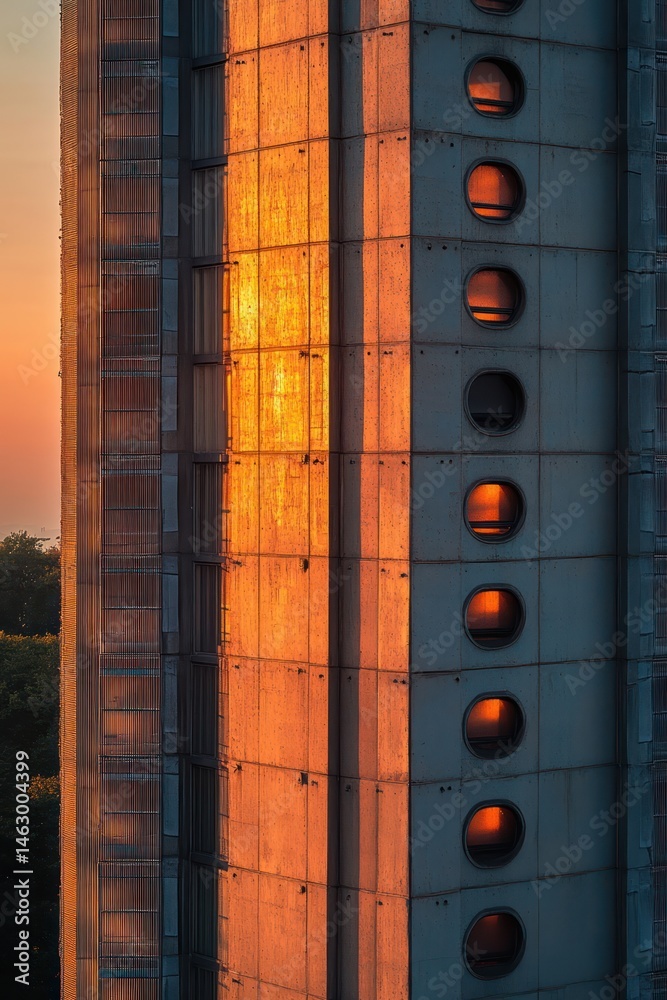 Close-up of a modern concrete building illuminated by warm sunset light reflecting off windows and round porthole-style openings creating a serene urban atmosphere