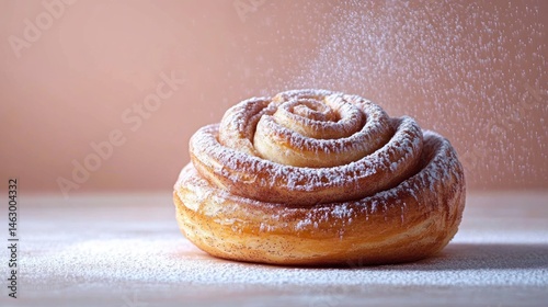 Obraz na płótnie Close-up of a cinnamon roll being dusted with powdered sugar on a wooden surface with a soft pink background w salonie