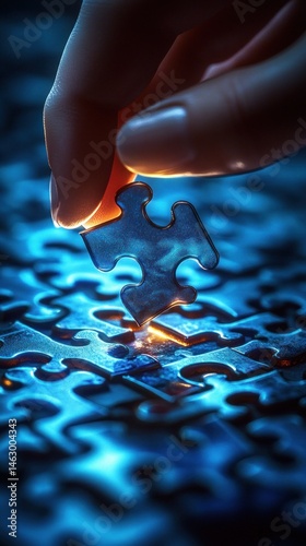 Obraz na płótnie Close-up of a hand placing the final puzzle piece into a glowing blue jigsaw puzzle, symbolizing completion and focus w salonie