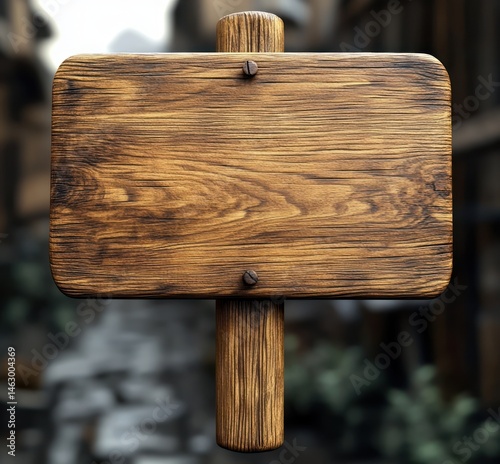 empty rectangular wooden signpost with rustic texture mounted on a wooden post in an outdoor setting