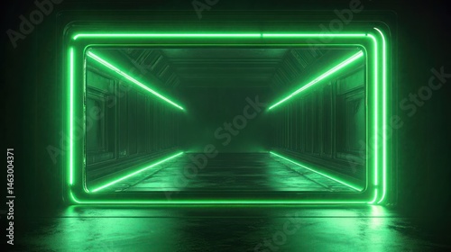 Futuristic dark corridor illuminated by glowing green neon rectangular frames and lines, creating a mysterious and sci-fi atmosphere
