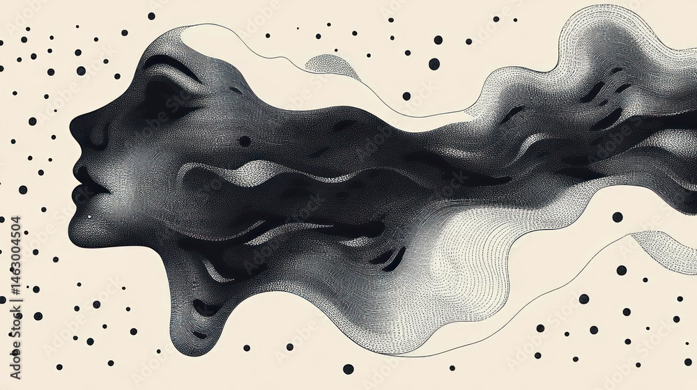 Abstract monochrome illustration of a serene human face blending into flowing textured waves and scattered dots evoking a dreamy and contemplative atmosphere