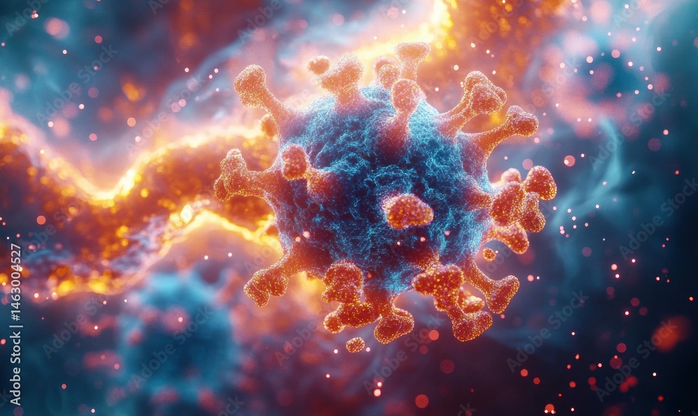 Close-up view of a blue and orange virus particle with glowing spikes surrounded by particles and abstract background lighting