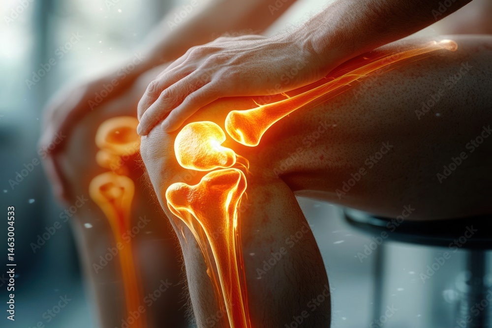 person holding painful knee with glowing highlighted bones showing knee joint anatomy and discomfort