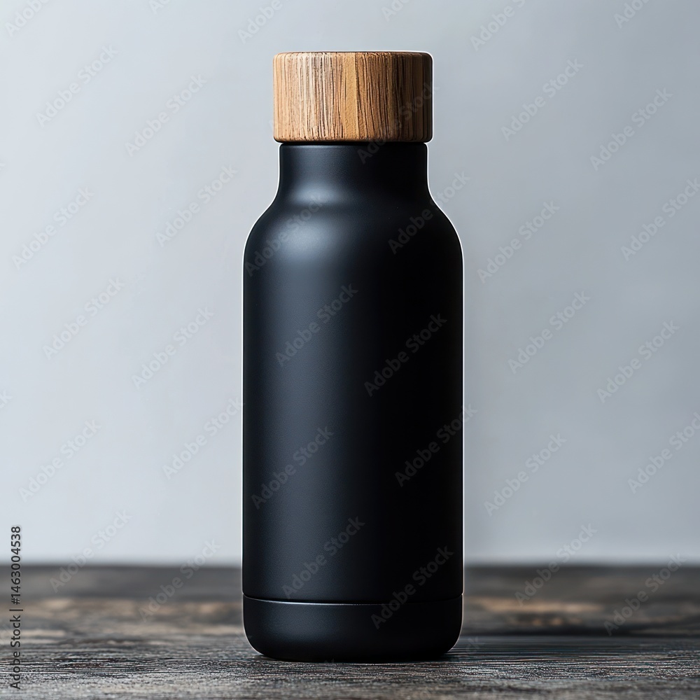 matte black insulated water bottle with wooden cap on textured wooden surface with neutral gray background