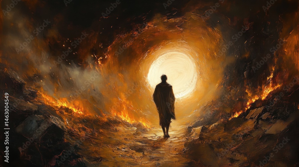 silhouetted figure walking toward a bright glowing light surrounded by dark fiery landscape and smoke, evoking mystery and endurance