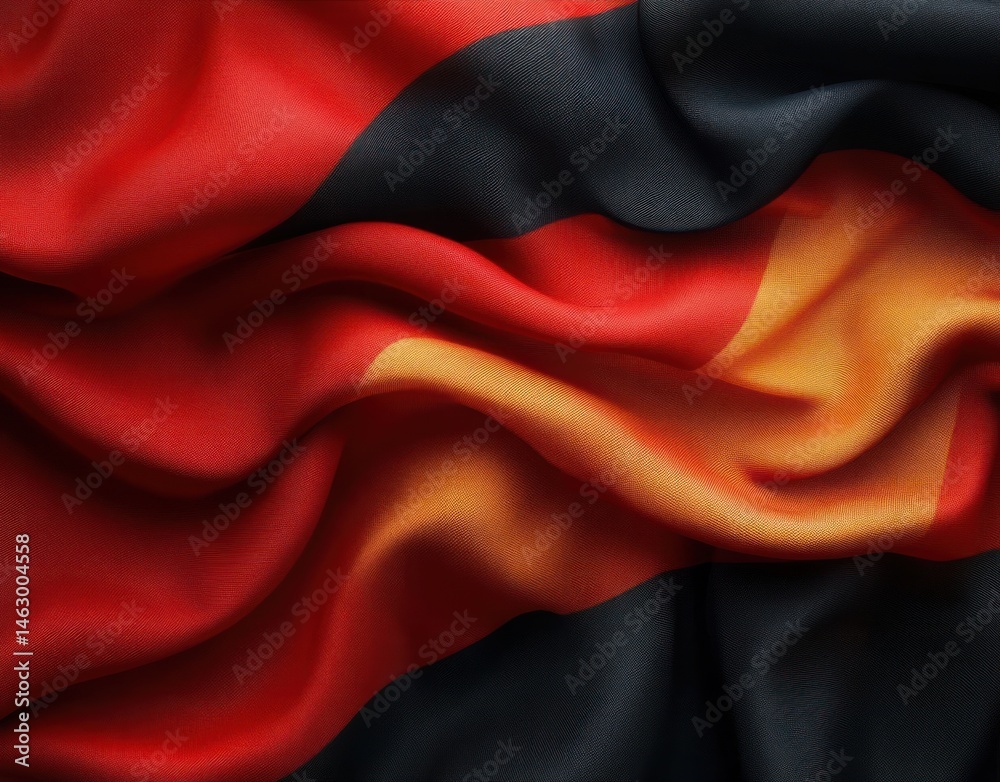 Close-up of a soft, flowing fabric featuring bold red, black, and orange colors with smooth folds and a silky texture