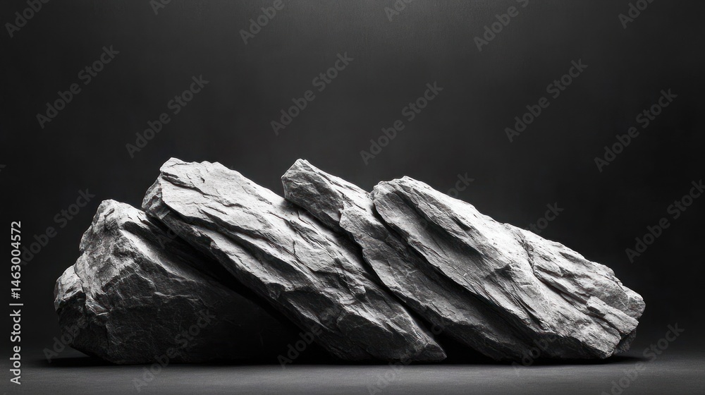 Four large gray rugged rocks stacked in a row on a dark gray surface with a black background, showcasing their rough textured surfaces and natural irregular shapes