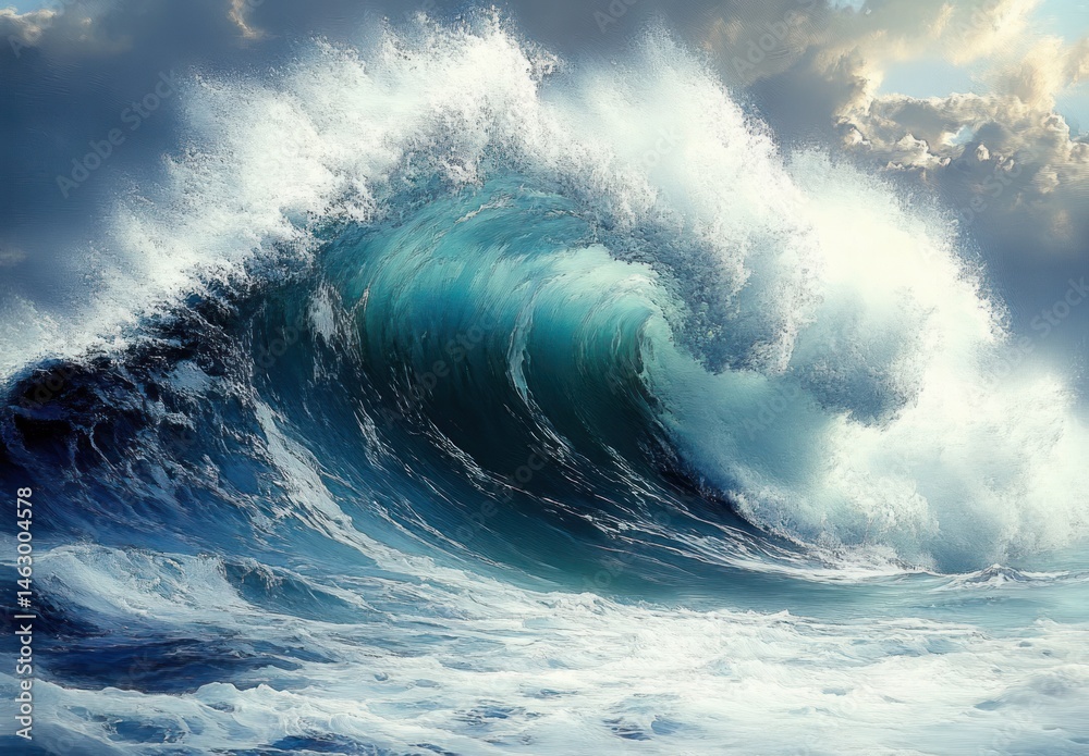 Powerful ocean wave crashing with white foam and turbulent water under a dramatic cloudy sky