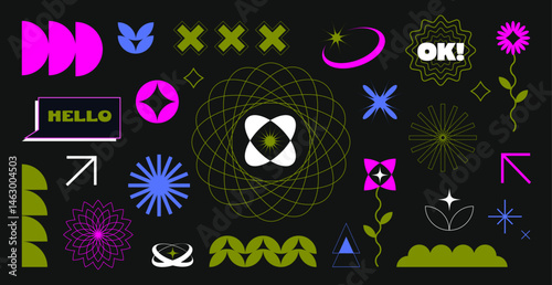 Set of bright decorative abstract elements in a flat style on a dark background. Suitable for social media design, collages, presentations, posters and creative content.