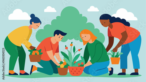 Neighborhood Gardening A group of neighbors working together in a community garden planting flowers and vegetables illustrating cooperation and shared effort.