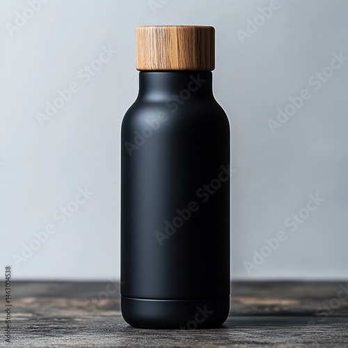 Obraz na płótnie matte black insulated water bottle with wooden cap on textured wooden surface with neutral gray background w salonie