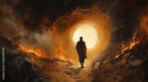 Obraz na płótnie silhouetted figure walking toward a bright glowing light surrounded by dark fiery landscape and smoke, evoking mystery and endurance w salonie
