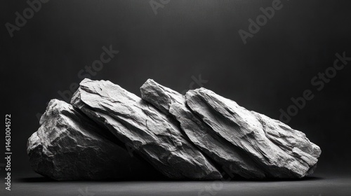 Obraz na płótnie Four large gray rugged rocks stacked in a row on a dark gray surface with a black background, showcasing their rough textured surfaces and natural irregular shapes w salonie