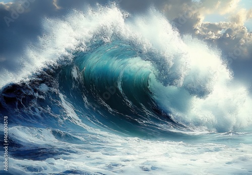 Obraz na płótnie Powerful ocean wave crashing with white foam and turbulent water under a dramatic cloudy sky w salonie