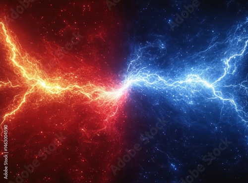 Obraz na płótnie Dynamic visualization of blue and red electric lightning bolts converging at the center symbolizing energy clash and intense power w salonie
