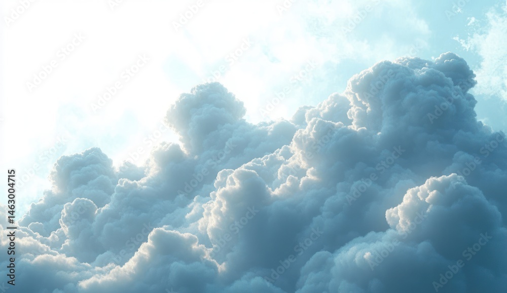 Bright daylight illuminating large, fluffy cumulus clouds with soft shadows and a sense of vastness and tranquility