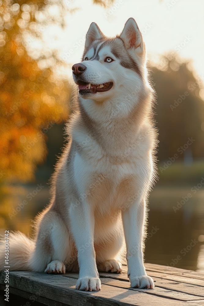 majestic husky dog sitting on wooden platform near calm water with soft golden sunlight and autumn foliage in the background