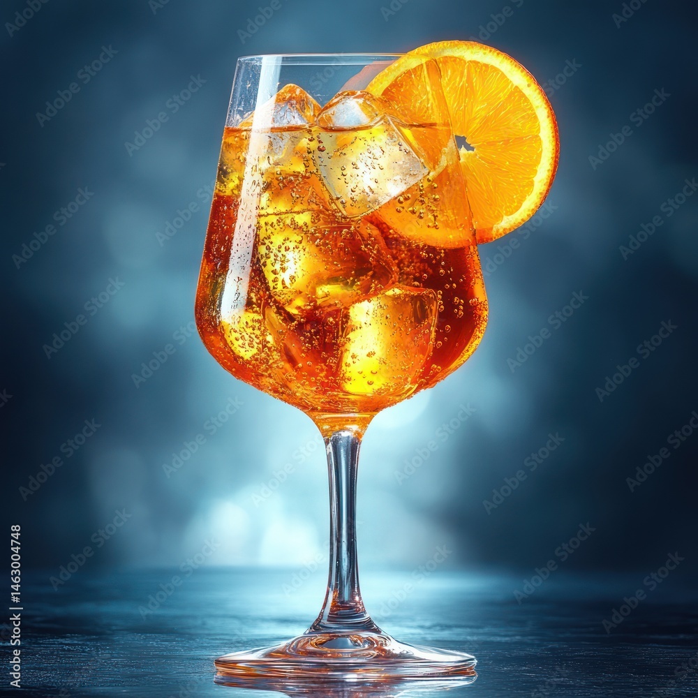 Refreshing ice-filled amber cocktail served in a tall elegant glass with a slice of fresh orange against a blurred cool blue background