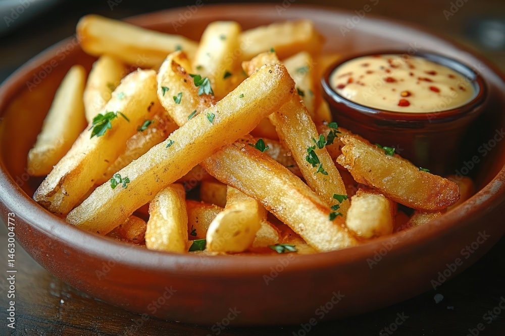 Golden crispy French fries sprinkled with fresh green herbs served in a rustic brown bowl with a side of creamy mustard dipping sauce