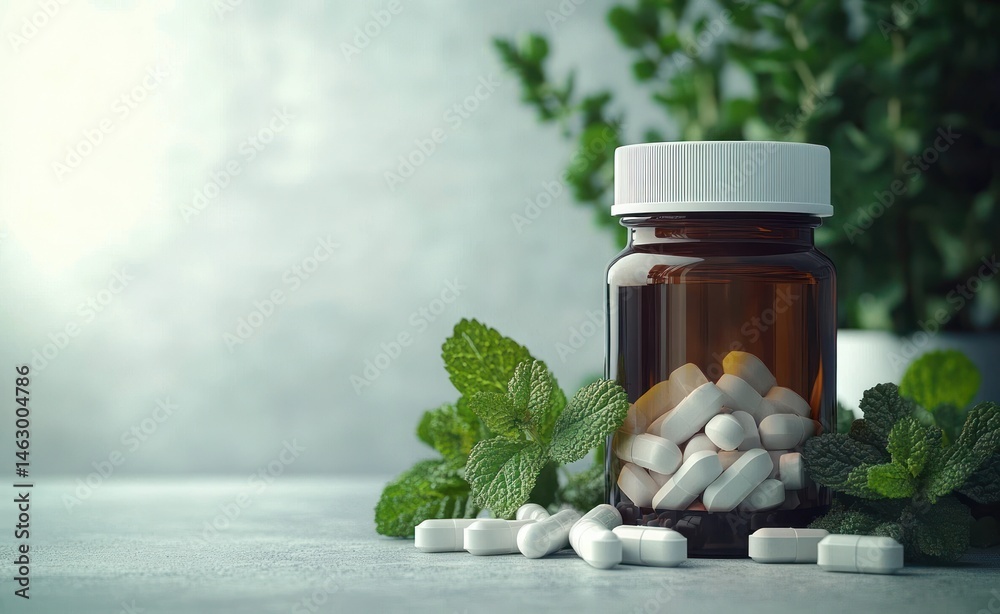 Brown medicine bottle filled with white capsules surrounded by fresh green mint leaves on a light surface with soft background