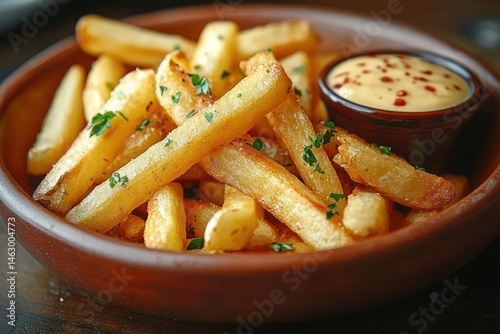 Obraz na płótnie Golden crispy French fries sprinkled with fresh green herbs served in a rustic brown bowl with a side of creamy mustard dipping sauce w salonie