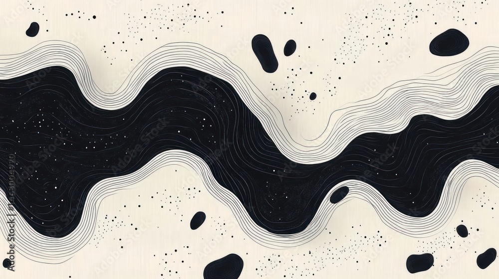 Abstract black river-like wavy pattern with contour lines on a beige background scattered with irregular black shapes and dots evoking a cosmic or topographic feel
