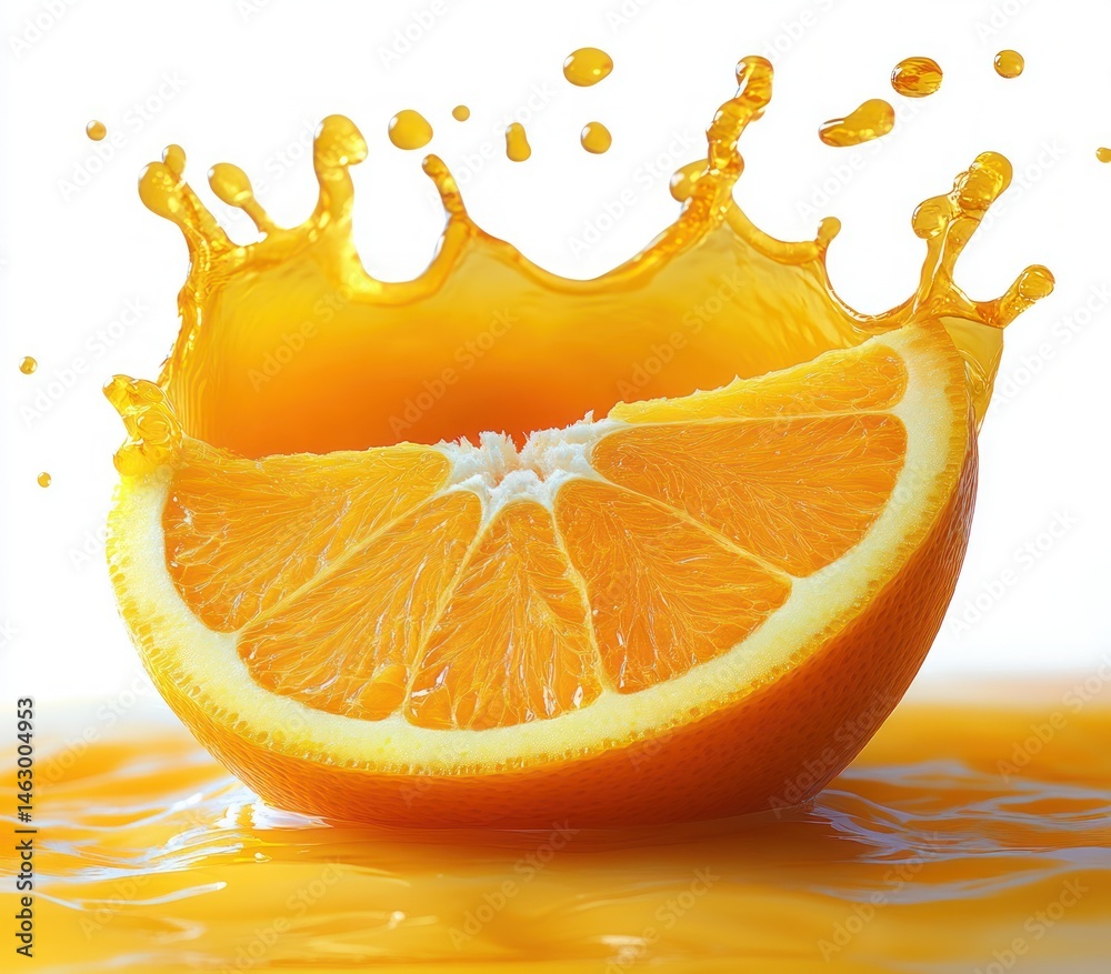 Fresh orange slice creating a dynamic splash of juice with droplets captured in mid-air on a white background