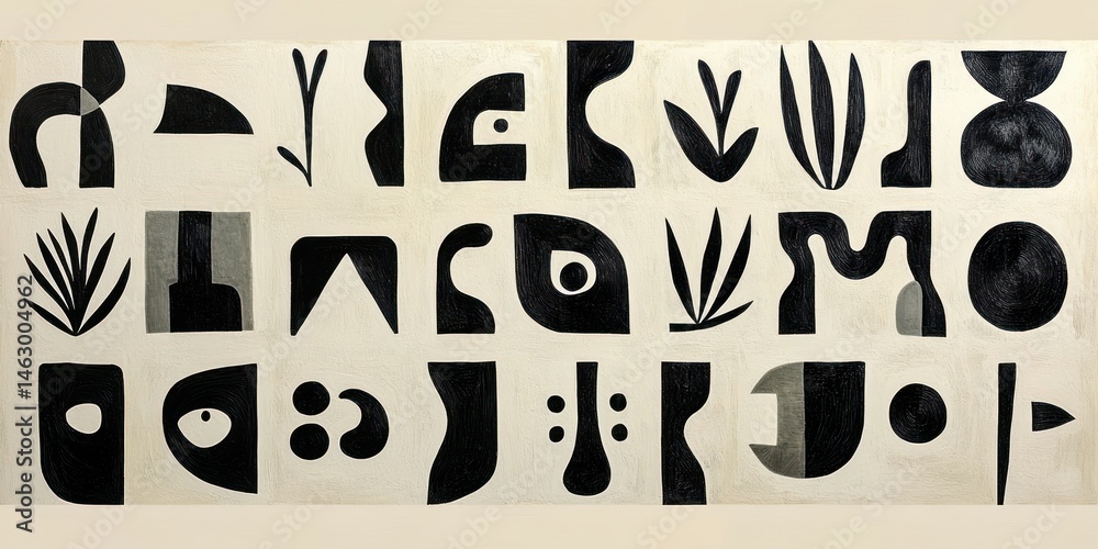 Abstract black shapes and symbols arranged in four rows on a white background evoking a minimalist, modern art style with organic and geometric forms