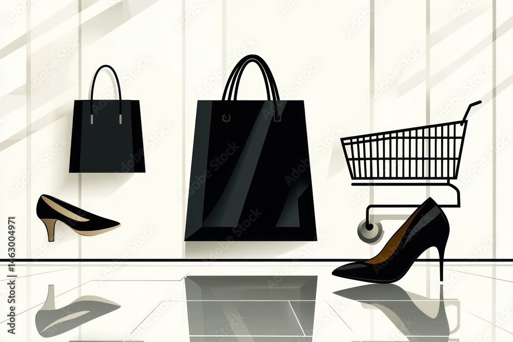 Minimalist shopping scene with black high-heeled shoes, two black shopping bags, and a shopping cart casting reflections on a glossy floor with bright window light