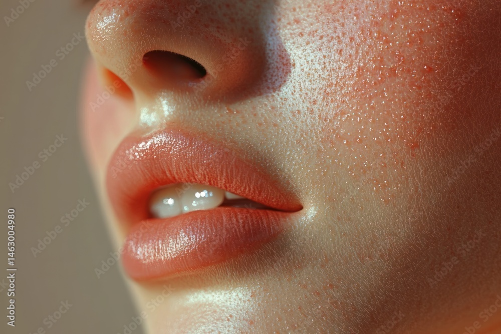 Close-up of smooth skin with visible pores and freckles on the nose and cheeks, softly parted lips with natural texture, and a subtle shine creating a fresh and delicate look