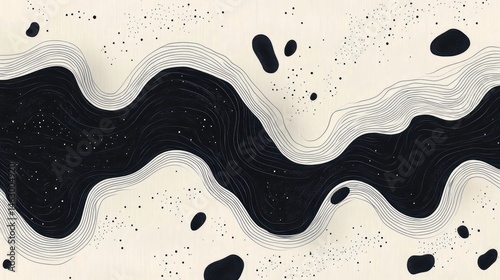 Abstract black river-like wavy pattern with contour lines on a beige background scattered with irregular black shapes and dots evoking a cosmic or topographic feel