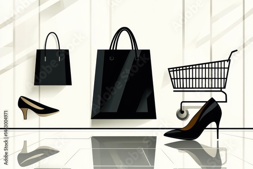 Obraz na płótnie Minimalist shopping scene with black high-heeled shoes, two black shopping bags, and a shopping cart casting reflections on a glossy floor with bright window light w salonie