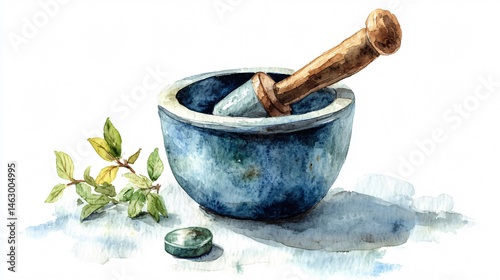 Vibrant Watercolor Illustration of a Mortar and Pestle