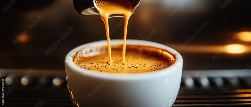 Close-up of rich espresso coffee being poured from a machine spout into a white cup capturing the smooth crema and warm lighting ambiance