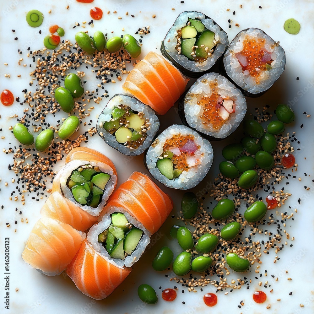 Assorted sushi rolls with fresh salmon, cucumber, and fish roe surrounded by scattered edamame beans, sesame seeds, and sauce drops on a white surface