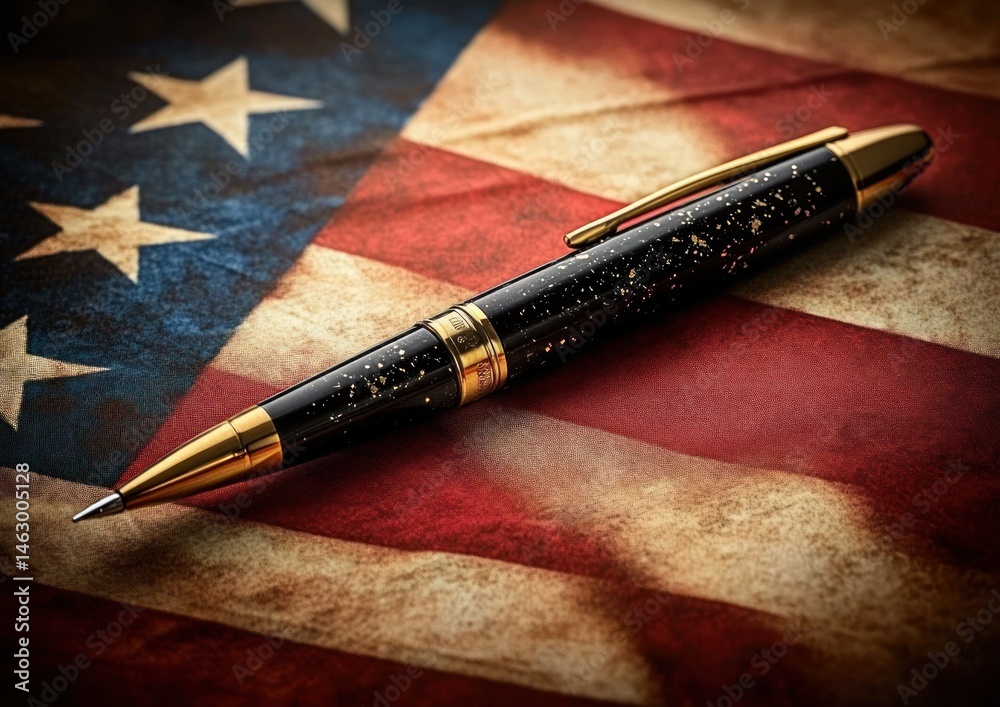 luxury black and gold pen placed diagonally on a textured american flag background symbolizing patriotism and elegance