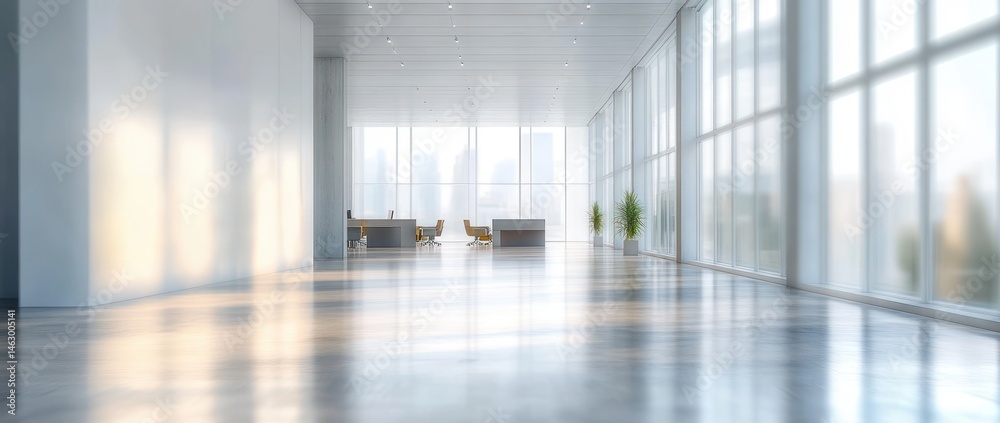 Spacious modern office interior with large glass windows, sunlight reflections on polished floor, minimalistic desks and chairs, and indoor plants creating a calm atmosphere