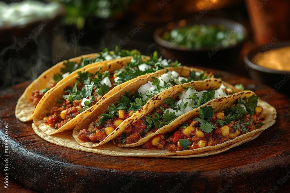 Four freshly made tacos filled with seasoned meat, corn, chopped onions, and fresh cilantro on toasted corn tortillas served on a rustic wooden board