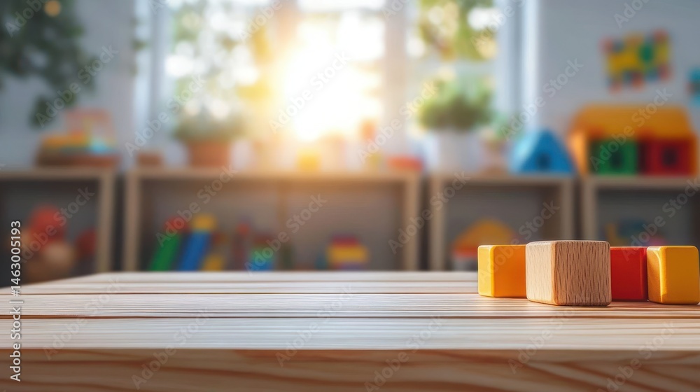 Close-up of wooden building blocks on a light wooden table with a blurred colorful playroom background and sunlight coming through the window