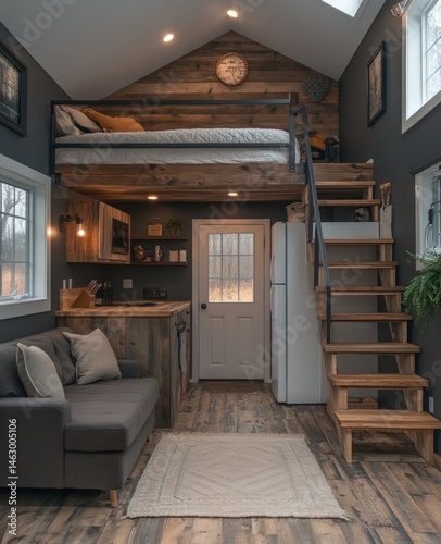 Cozy loft tiny house interior, wood accents, winter